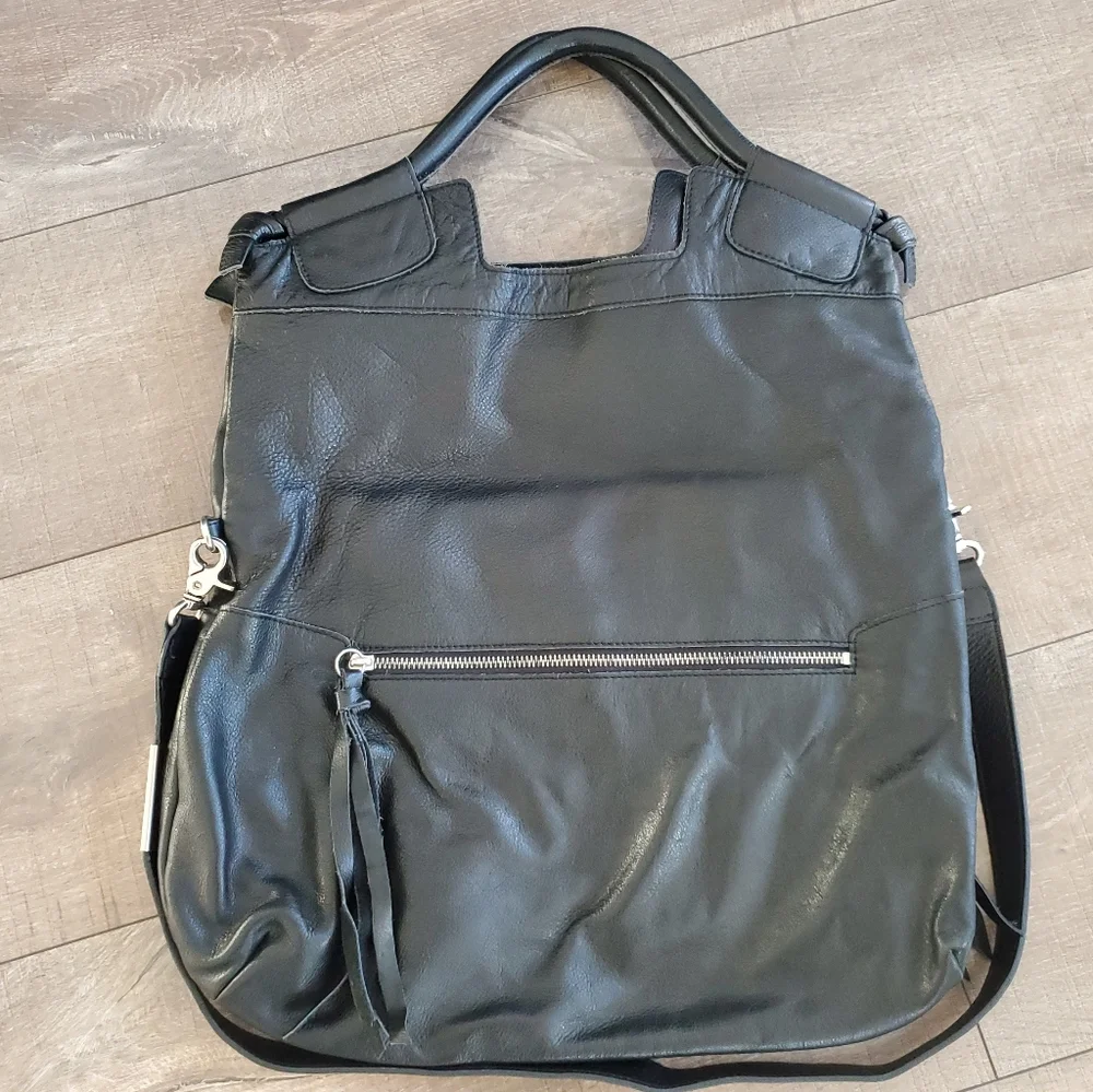 Foley + Corrina Mid City Black Leather Foldover Tote Bag Crossbody